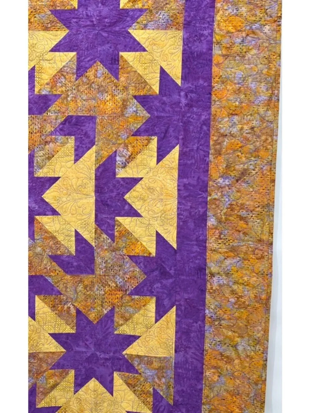 Patchwork 8 point Star Quilt 42x56 Purple Yellow Lap Throw Wall Machine Stitched